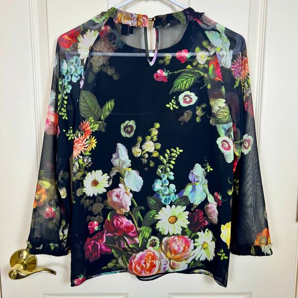 Ted Baker Anina Blouse Sheer Black Floral Long Sleeve Size 0/XS VGUC - Picture 2 of 6